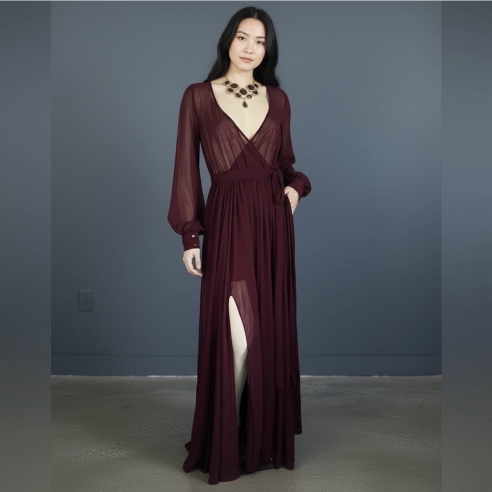 OLIVACEOUS | Women’s Sheer Burgundy Billowing  Long Sleeve Maxi Dress Wrap Dress